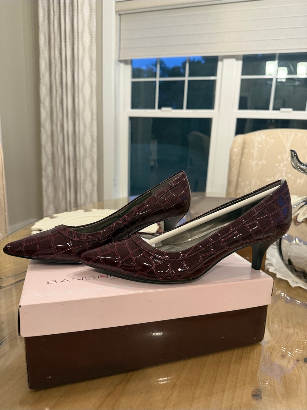 Bandolino Women's Pointed Toe Croc-Embossed Flats in Burgundy Patent